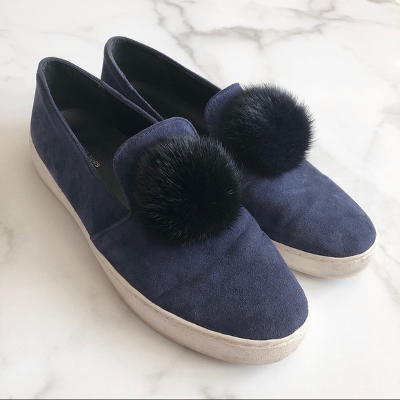 Michael Kors Collection Eddy Pom-Pom Suede Slip-On Sneakers Navy Side 8.5 - Picture 1 of 11